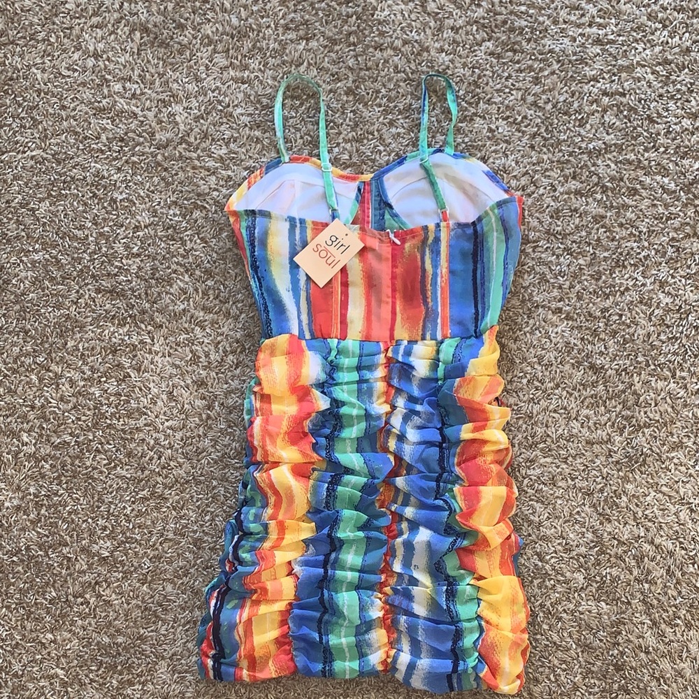 NWT Girl Soul Colorful Striped Ruched Bodycon Mini Vacation Party Dress Small - Picture 8 of 10